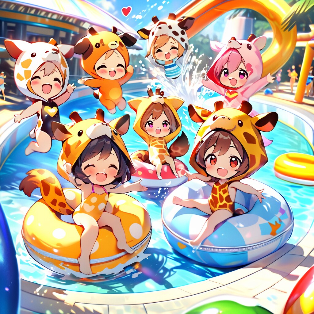 水着ではしゃぐキリン着ぐるみちび子ちゃん