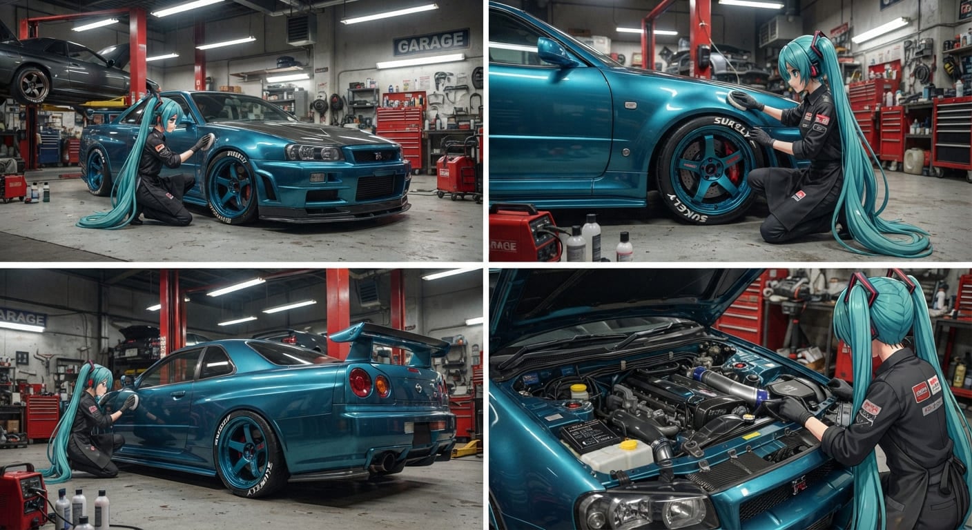 初音ミクがR34GT-Rをお手入れする | の人気AIイラスト・グラビア