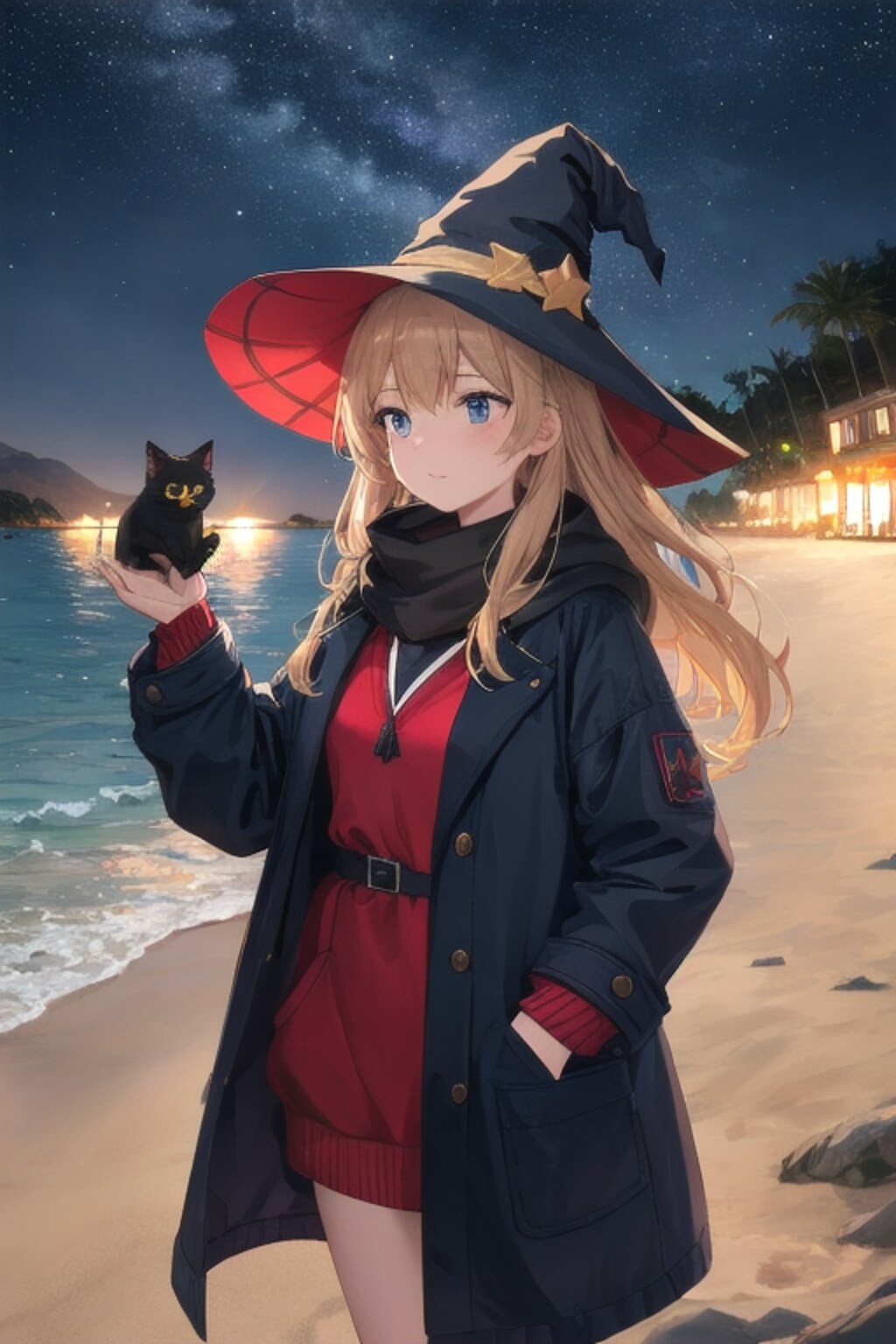 砂浜の魔女と星空と猫