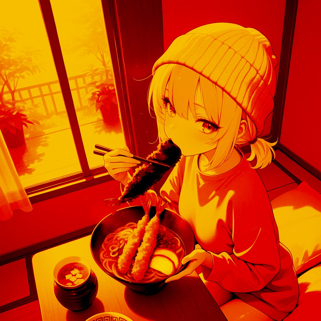 夕焼けの特大海老天そば