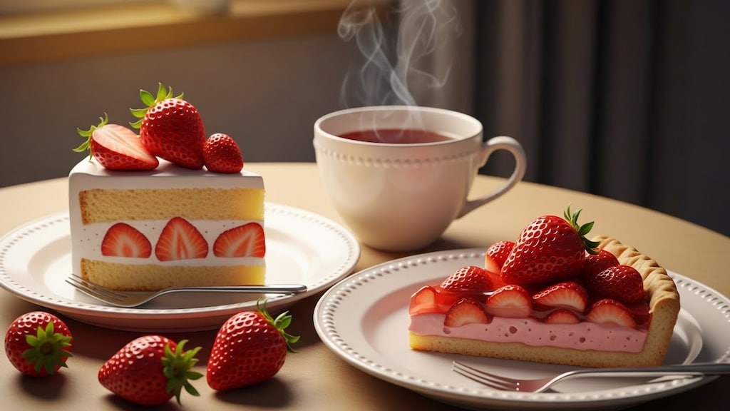 デザートの苺ケーキと苺パイのセット