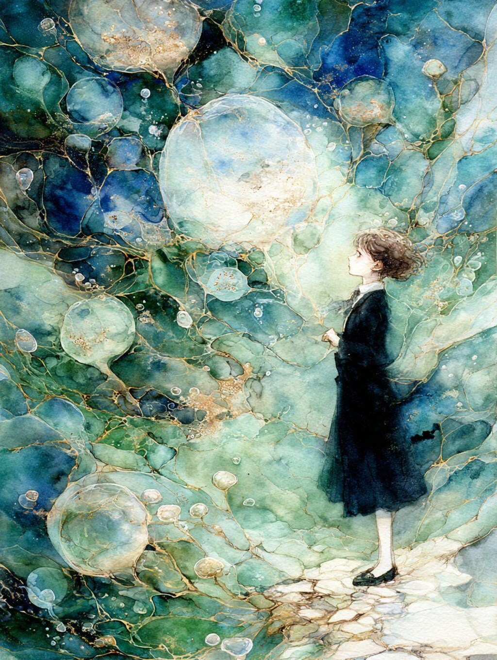 A girl covered in bubbles