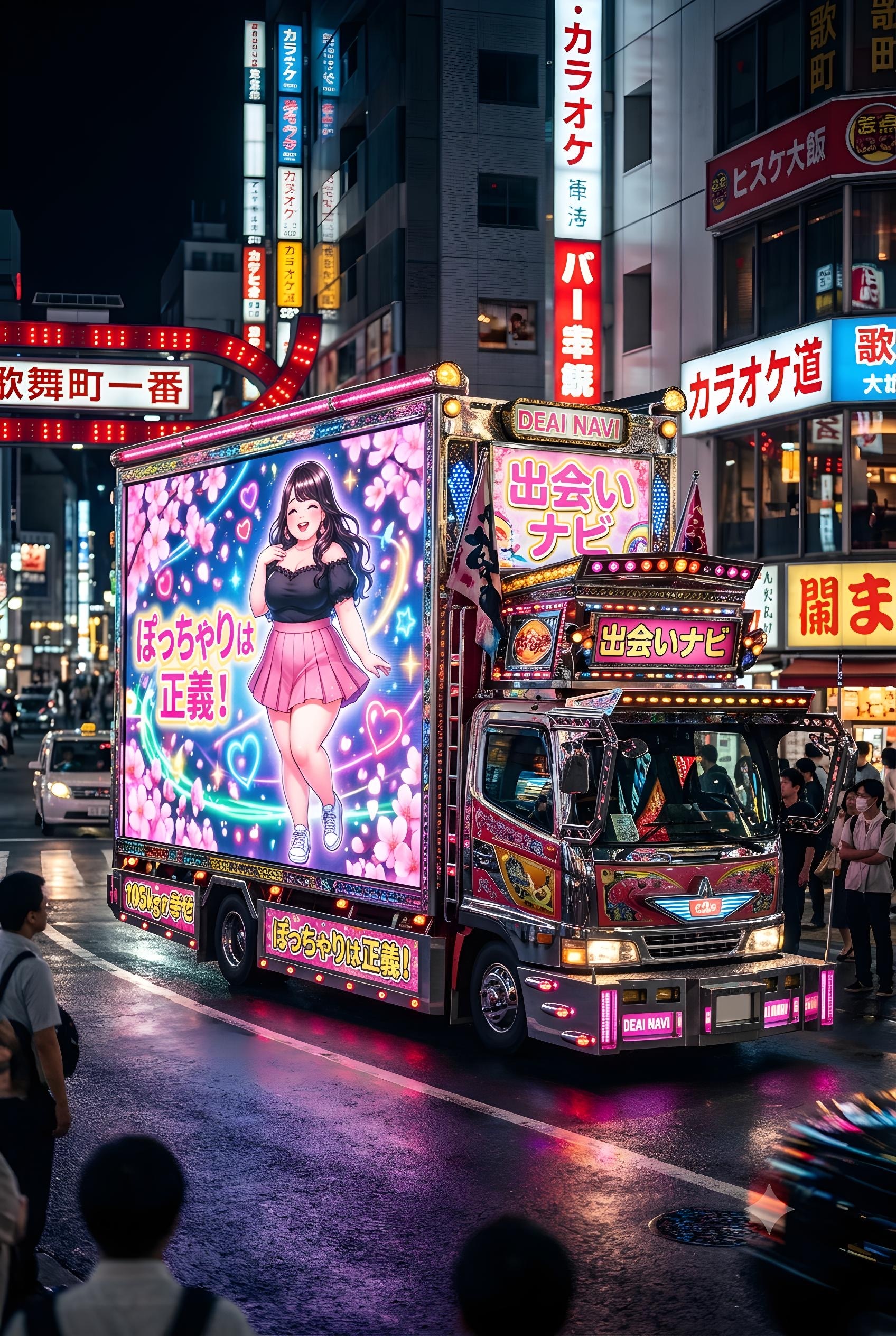 夜の繁華街を走行してるアドトラック