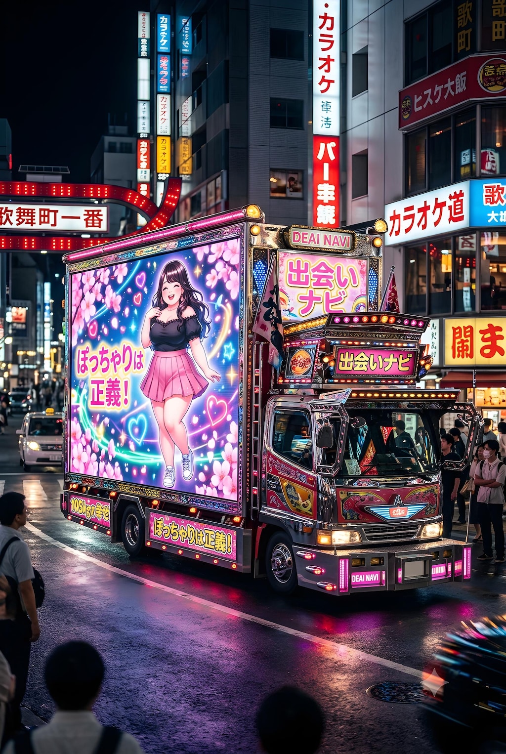 夜の繁華街を走行してるアドトラック