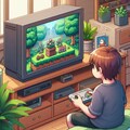 家庭用ゲーム機の箱庭ゲームを自分の部屋で遊ぶ少年 2枚目