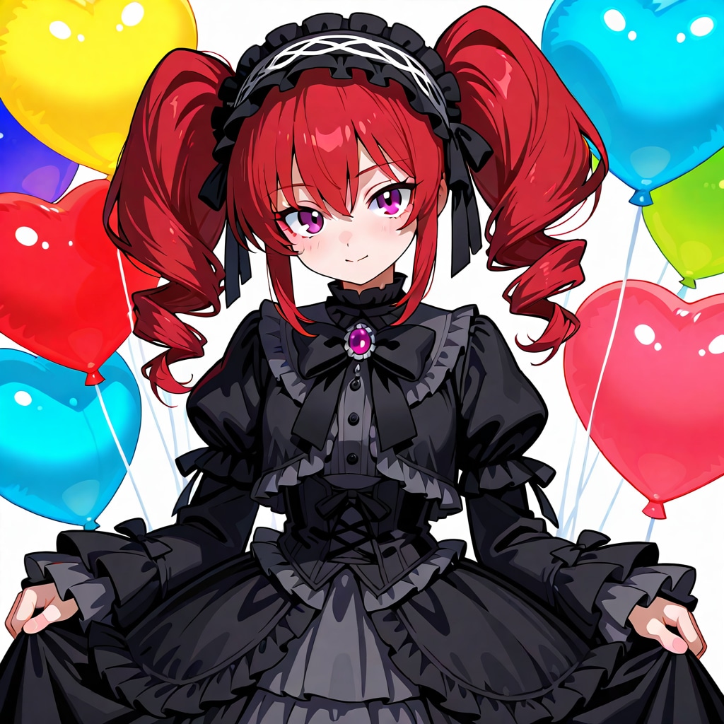 いっぱい色とりどりのハート風船を持つ赤い髪ツインテールのゴスロリ衣装着た美女