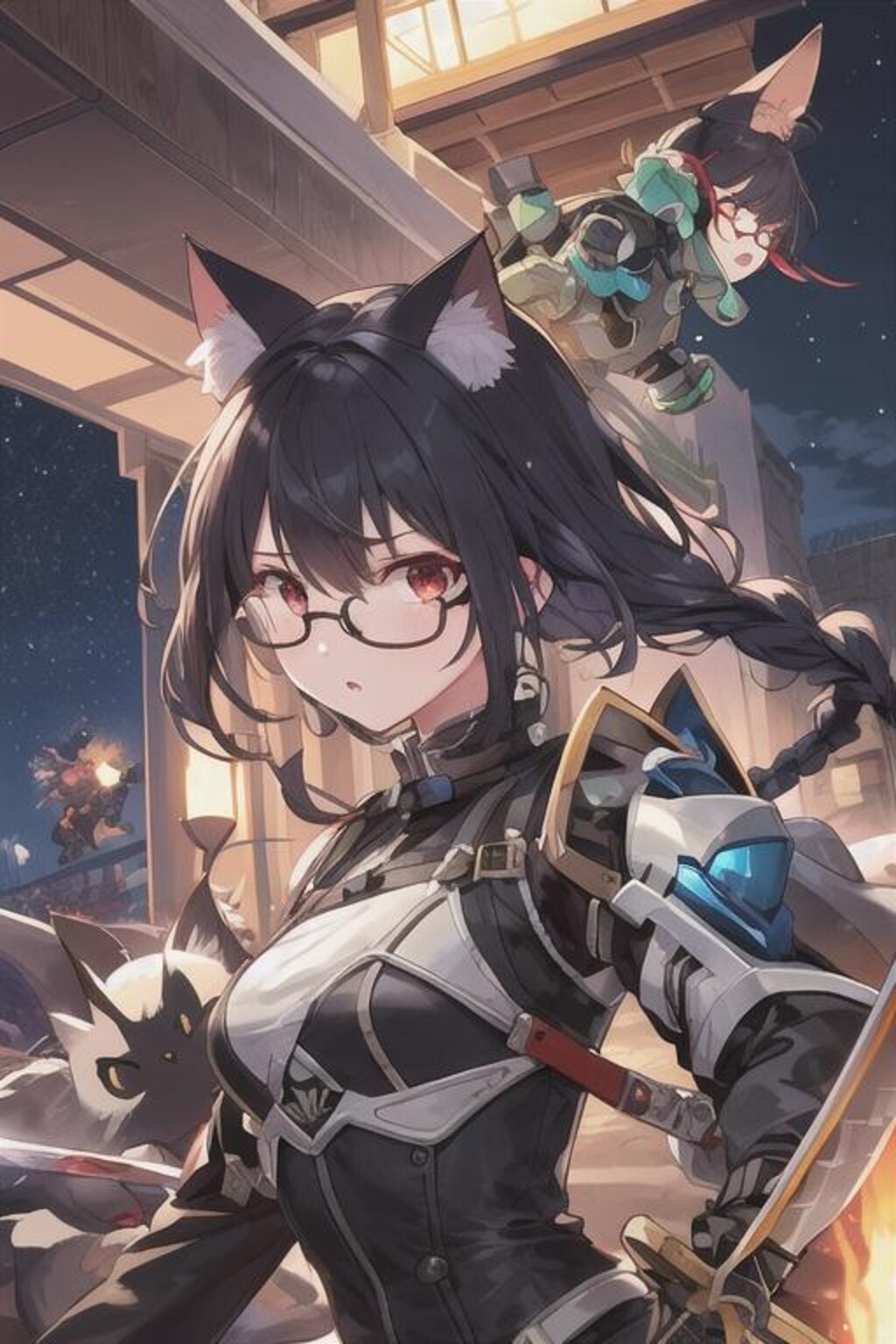 夜戦戦闘 高架したにて越夜隊と接敵する 三つ編み眼鏡猫耳剣士 つみにゃん