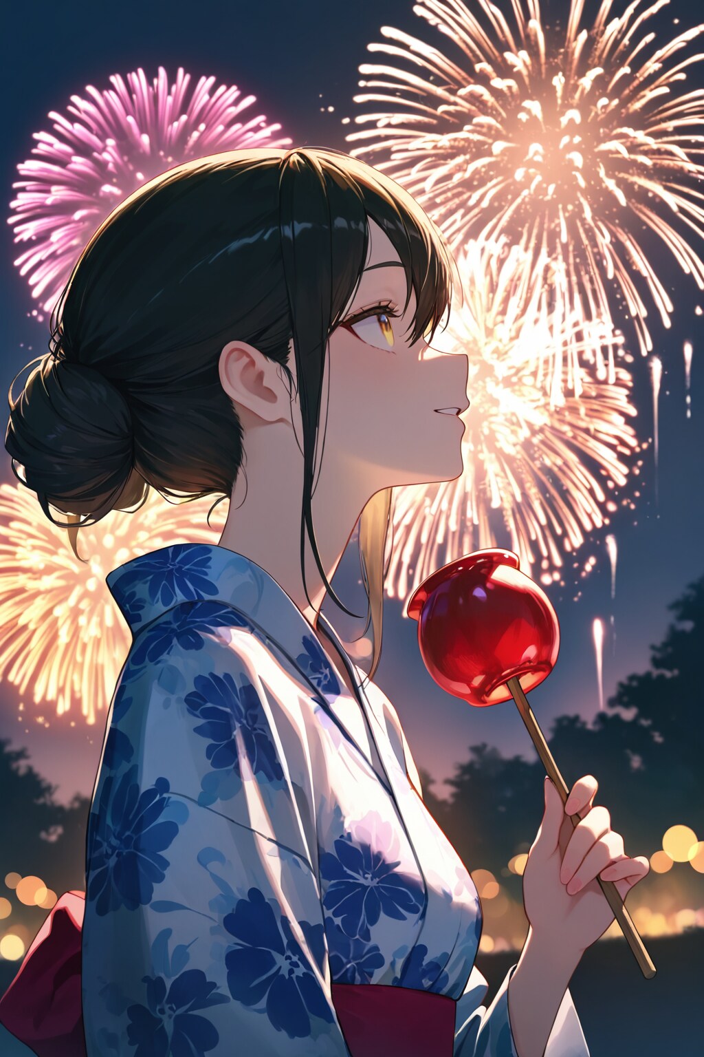 浴衣と花火とりんご飴