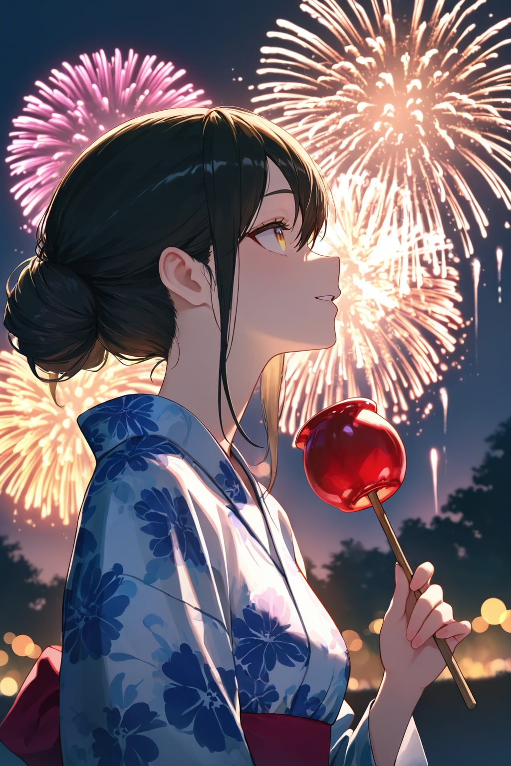 浴衣と花火とりんご飴