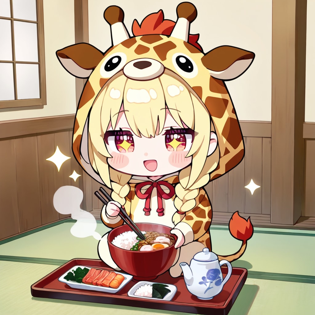 和室でお食事キリン着ぐるみちび子ちゃん