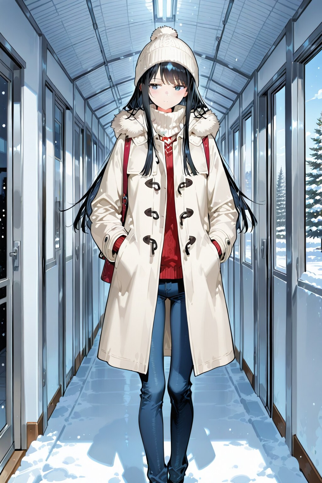 窓全開されて雪が積もる廊下を歩く女の子