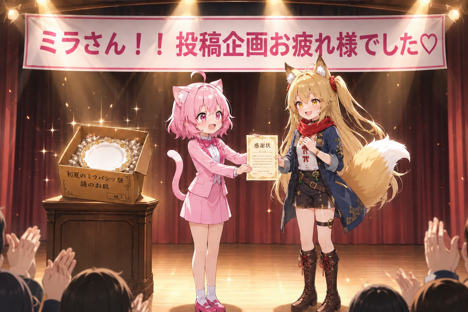 ミラさんに感謝状を贈るねこちゃん
