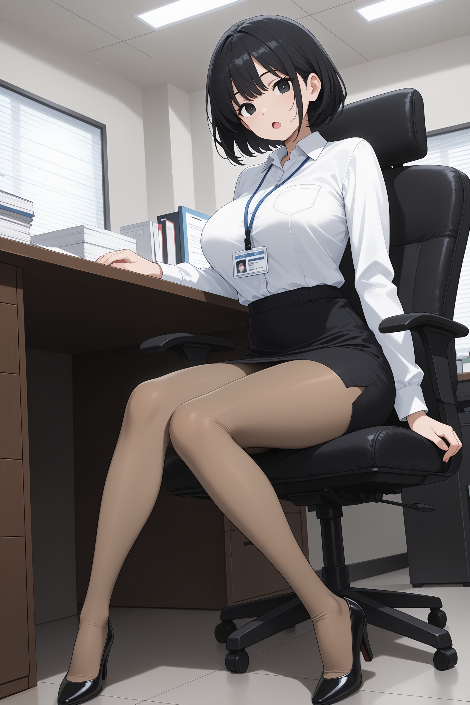 黒髪ショートOL「なんですか～」 | の人気AIイラスト・グラビア