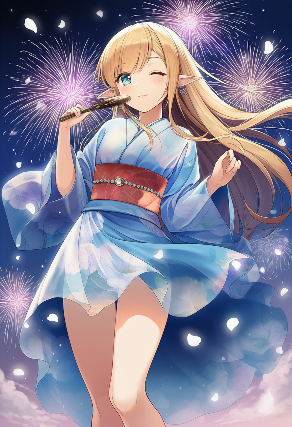 花火と浴衣エルフ