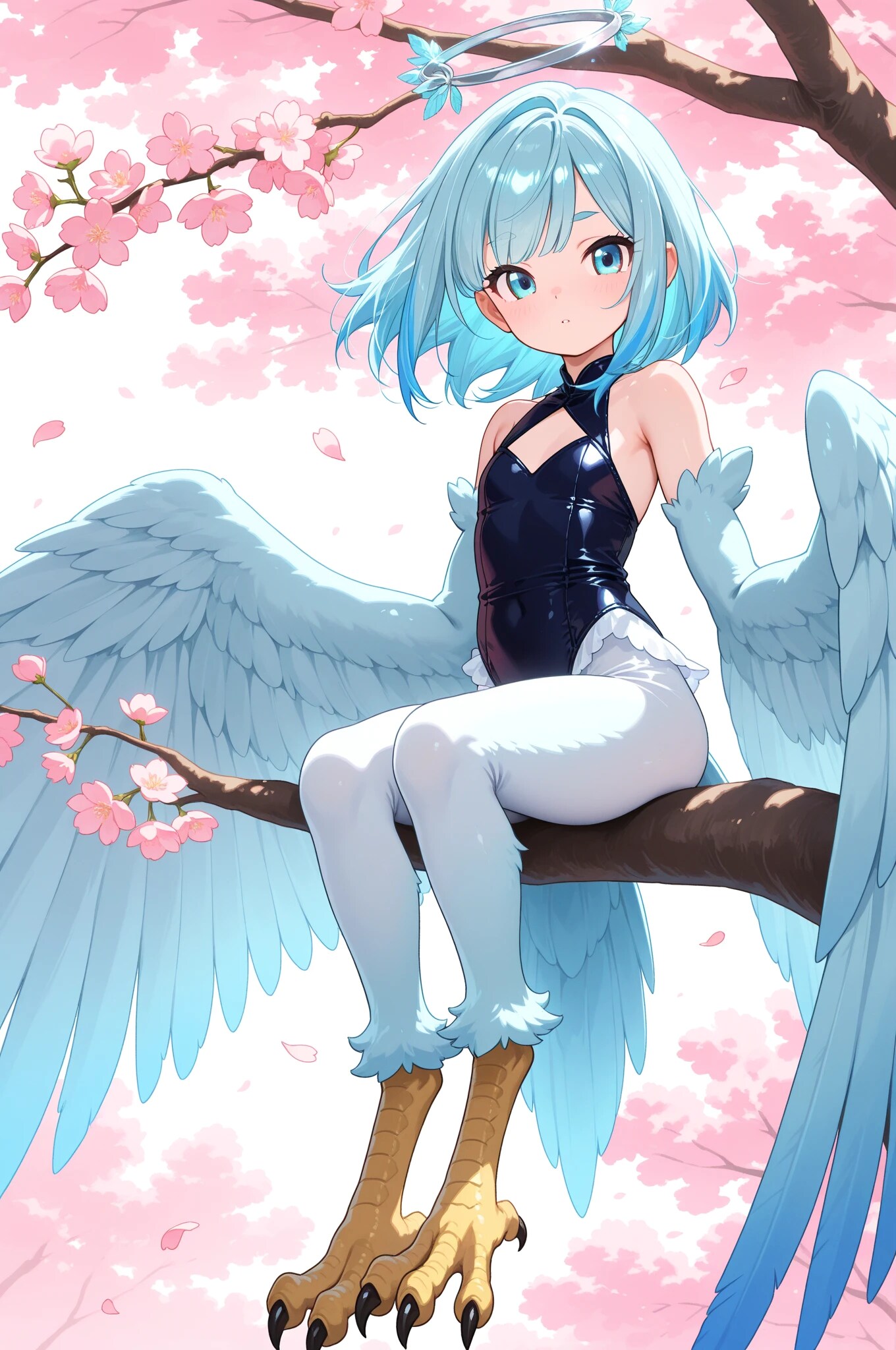 桜の木の枝に座るハーピィちゃん