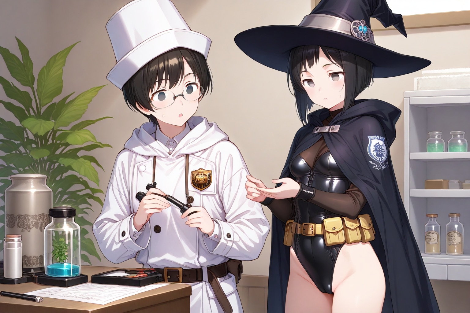 千歳ミレーナ(右)「魔法薬、、コウ作ルノ、ワカッタ？」　美晴(左)「あ・・・ありがとう・・」