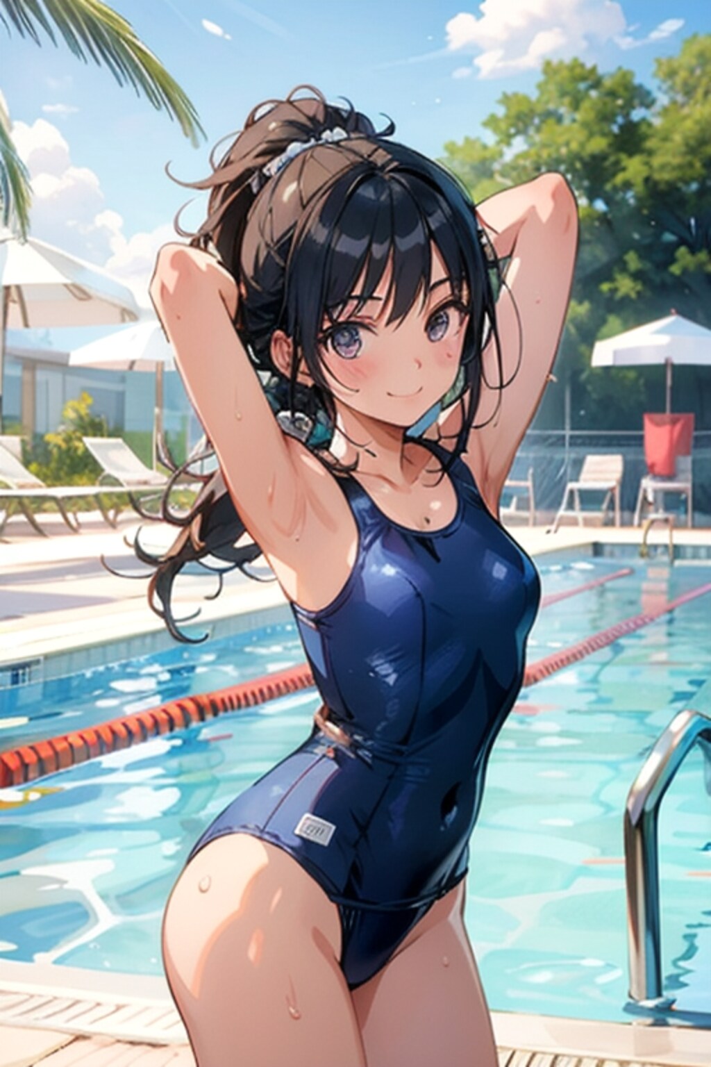 水泳大会に臨むスクール水着の少女