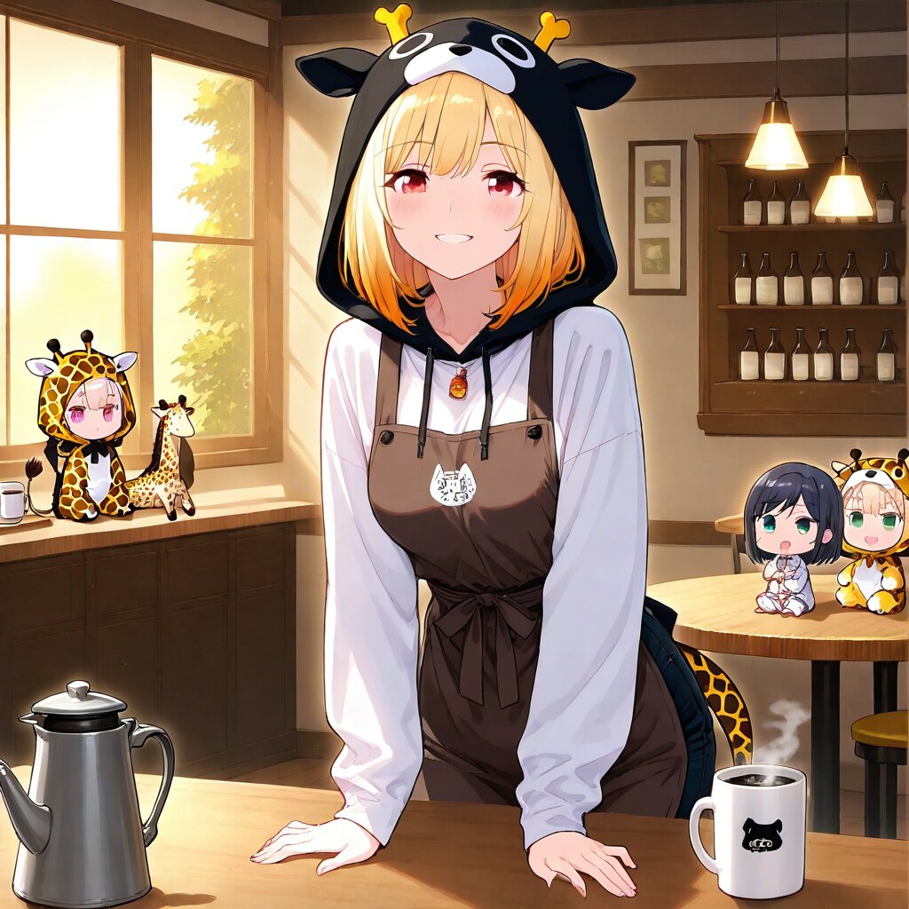 喫茶店のアニマルフーディーお姉さんとキリン着ぐるみちび子ちゃん