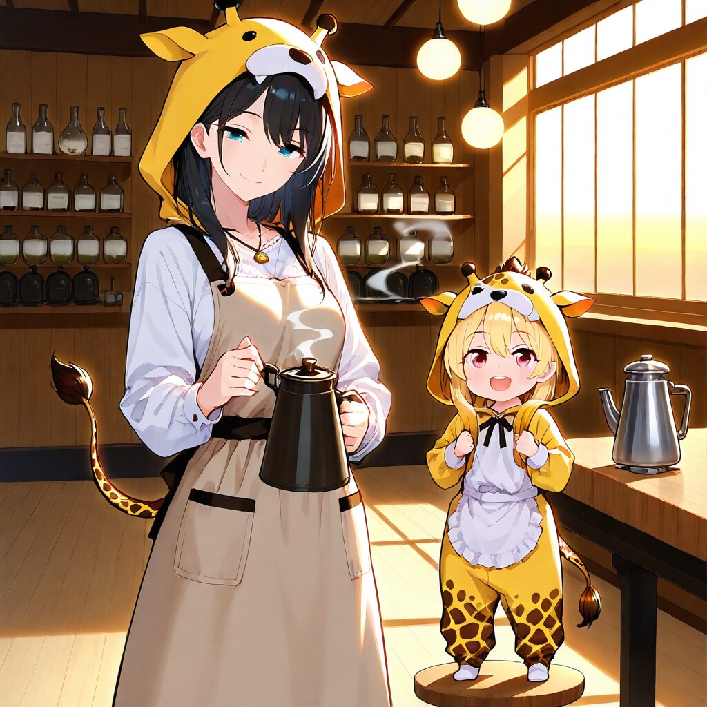 喫茶店のアニマルフーディーお姉さんとキリン着ぐるみちび子ちゃん