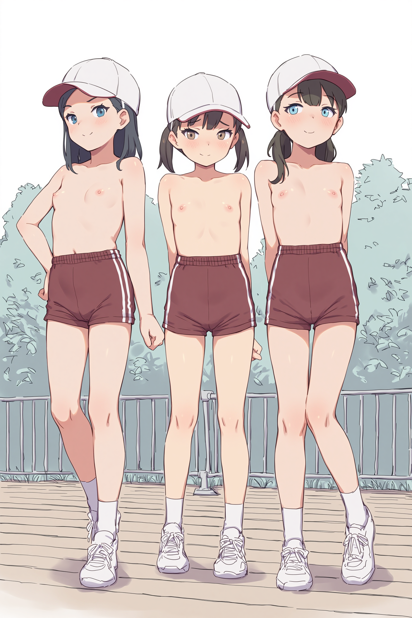 上半身裸+体操着の短パン+赤白帽