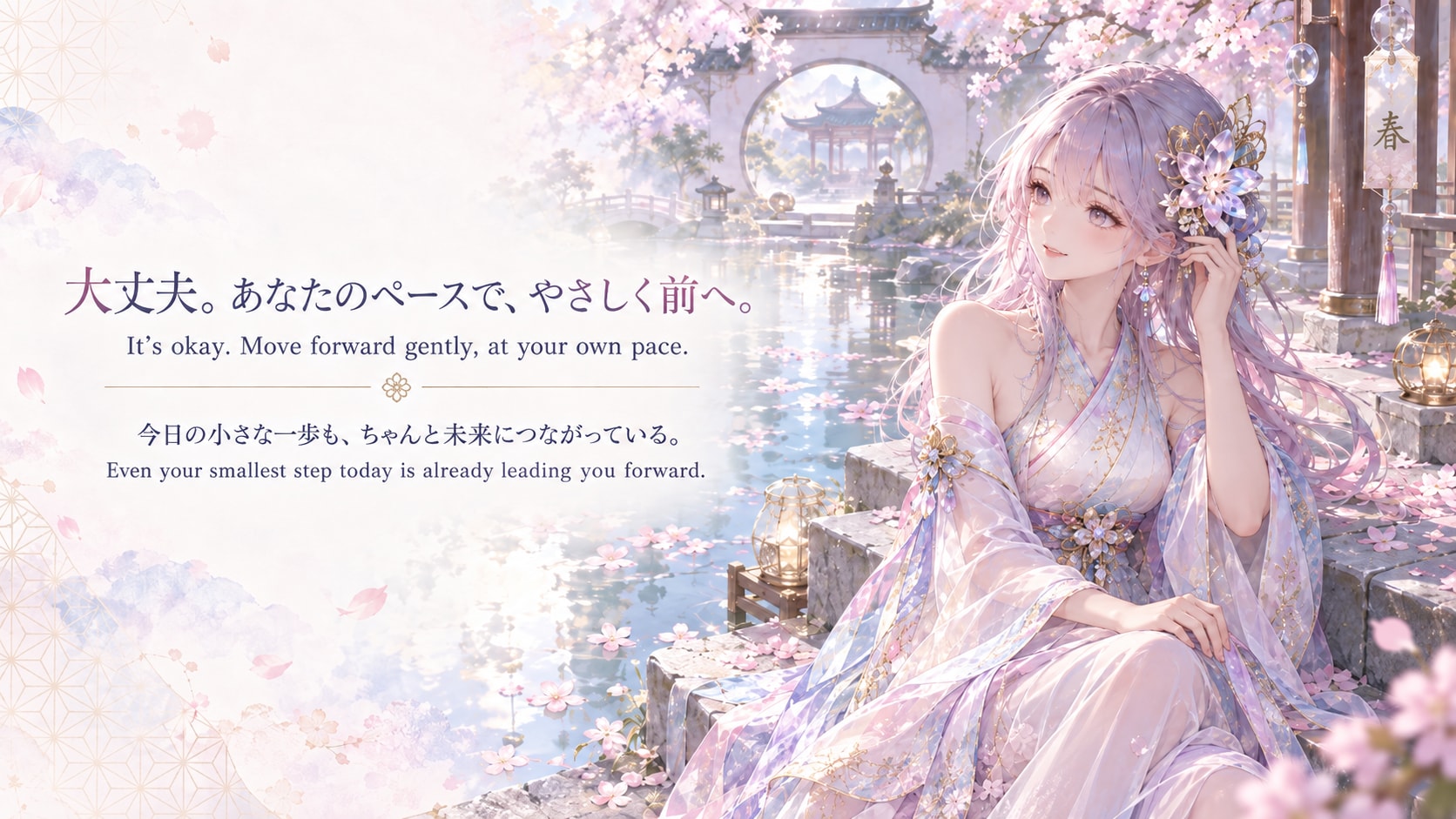 A quiet pause by the blossom-strewn canal, petals drifting past stone steps and lantern light.  It's | の人気AIイラスト・グラビア
