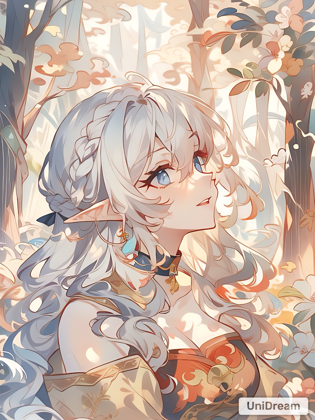 木々を見上げるエルフ。