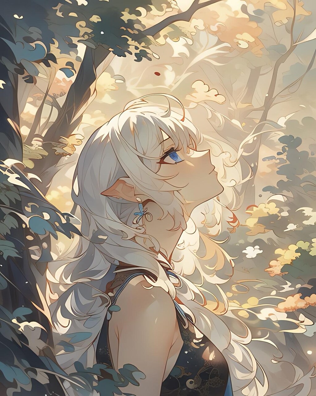 木々を見上げるエルフ。