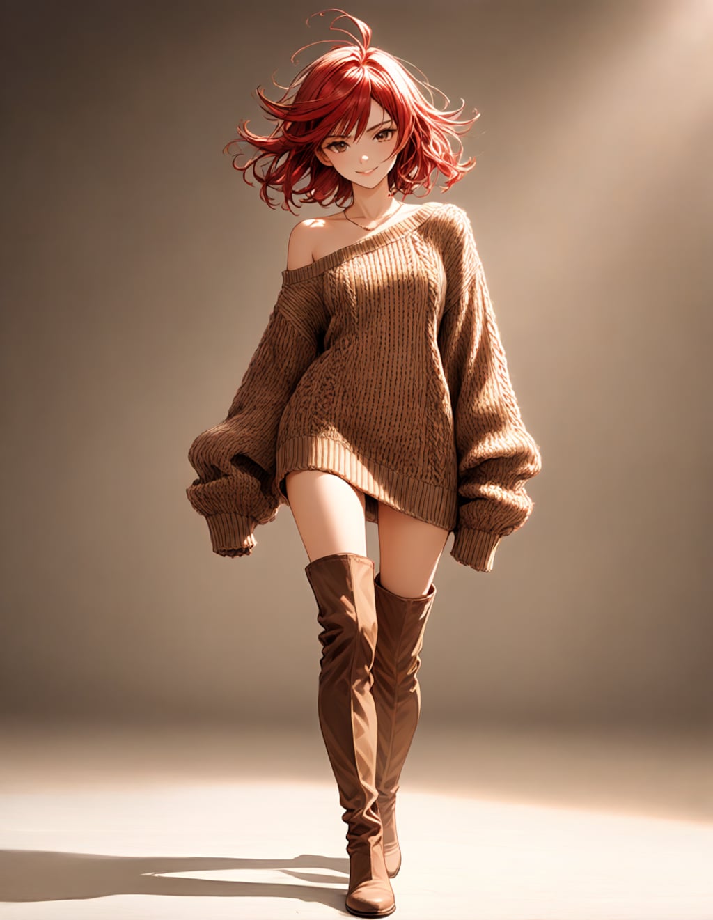 カーキブラウン オフショルダー クルーネックトップ ルーズランタンスリーブ（衣装といっしょ）