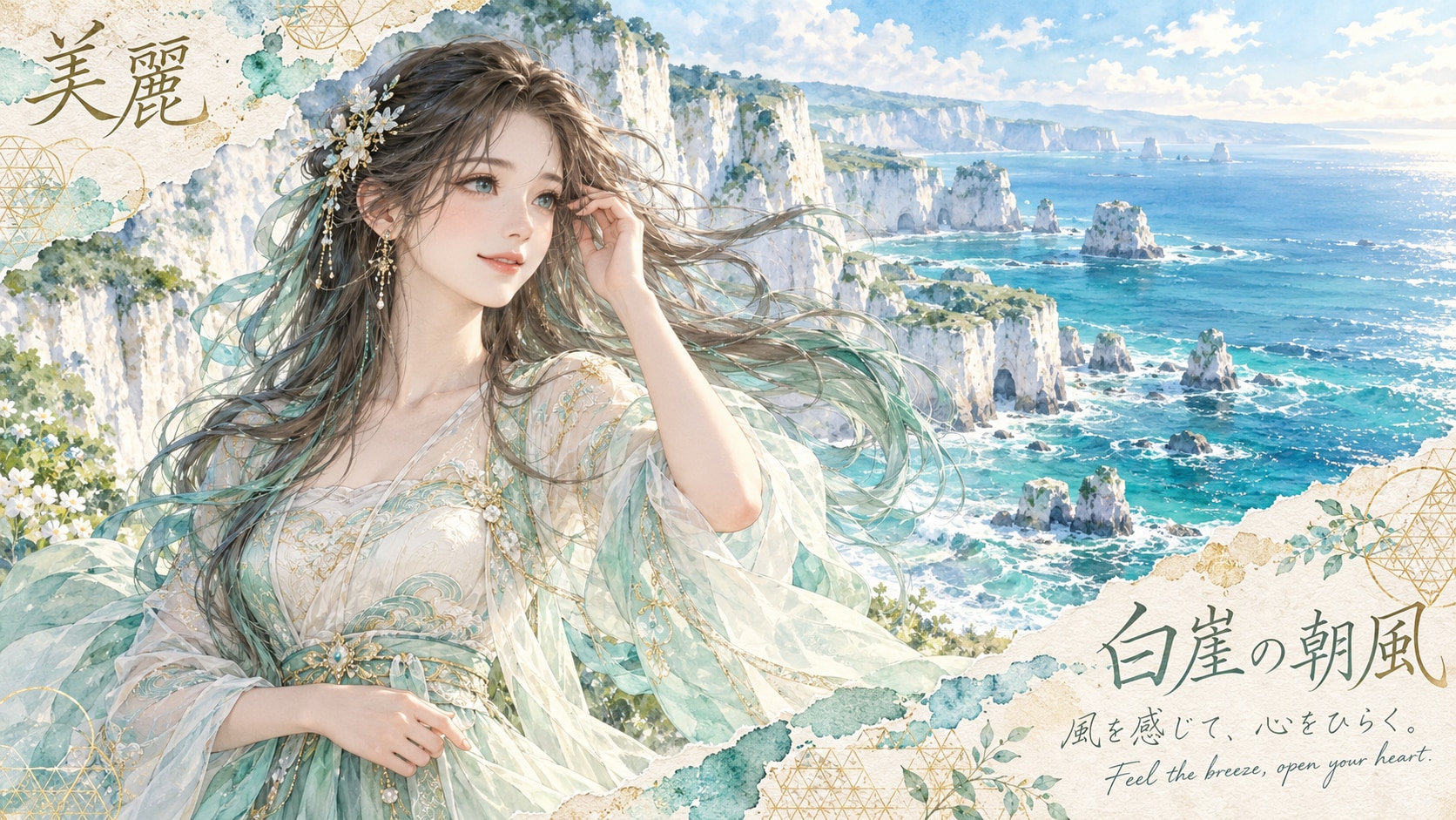Morning Breeze Across the White Cliffs  Feel the breeze, open your heart.  Along the white cliffs, t | の人気AIイラスト・グラビア