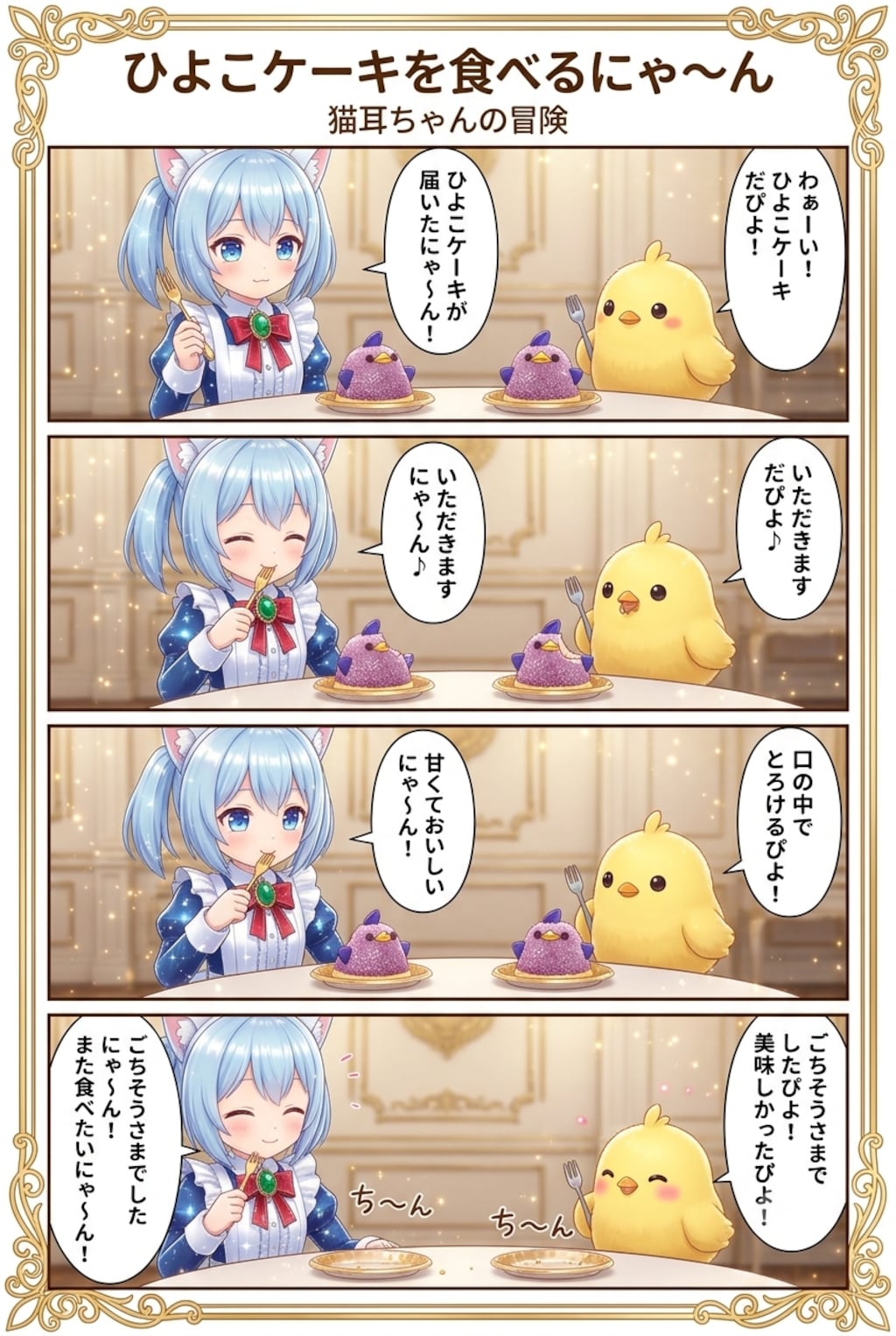 ひよこケーキを食べるにゃ〜ん