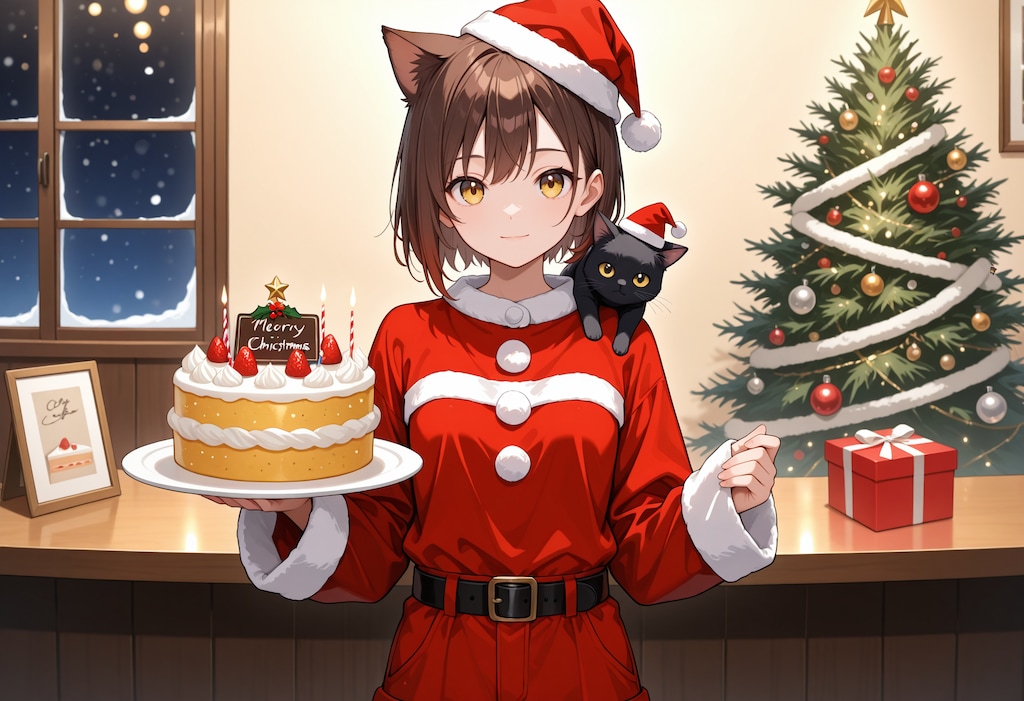 クリスマスケーキを用意してくれる喫茶店で働く猫娘さん