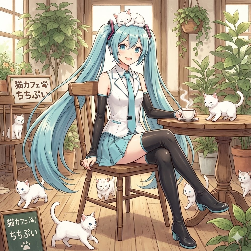 ミクさんと猫カフェ | の人気AIイラスト・グラビア