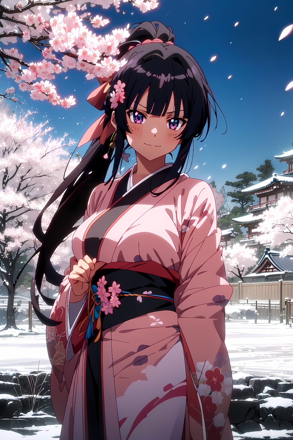 桜と着物女性