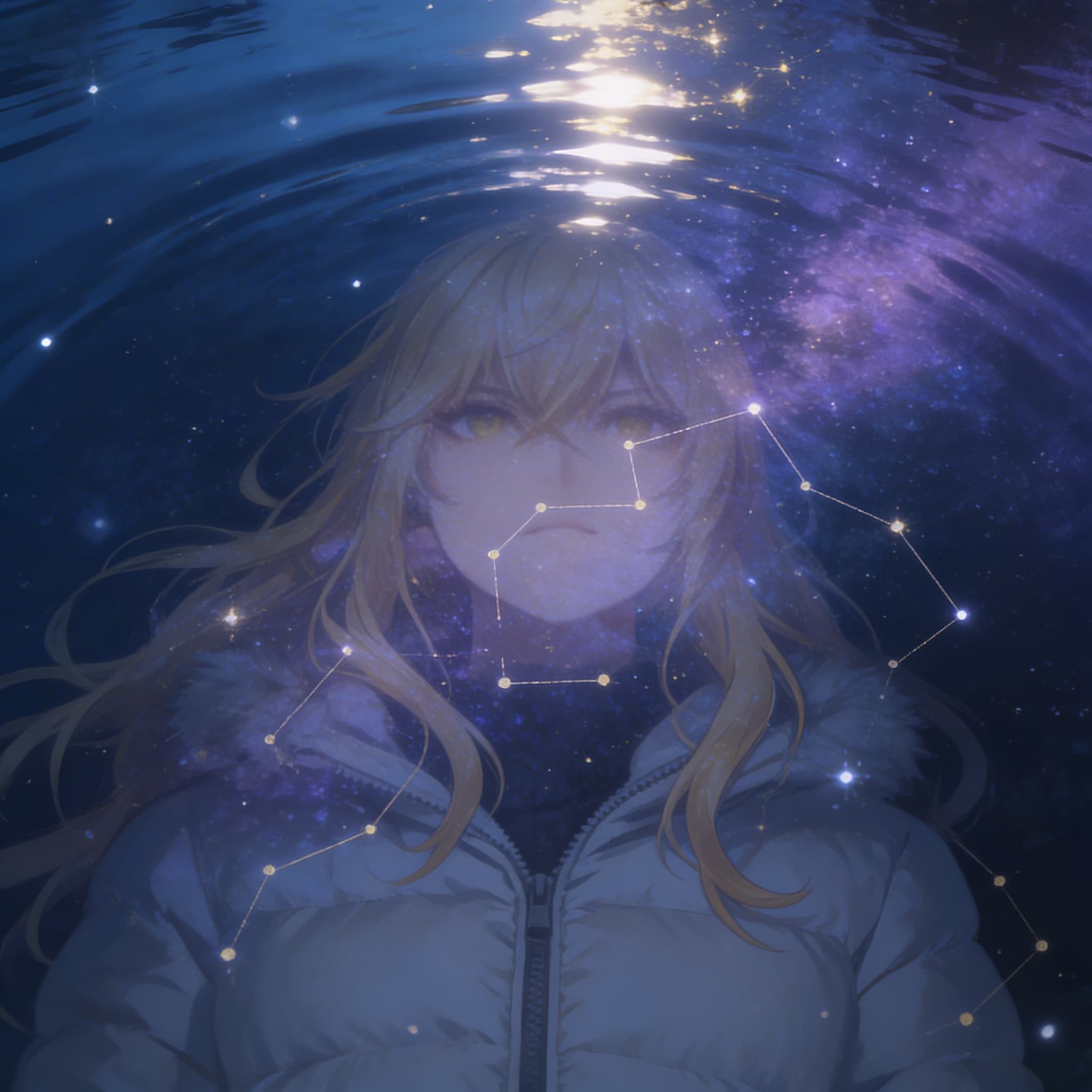 水面のプラネタリウムと水面に映るエリザベス | の人気AIイラスト・グラビア