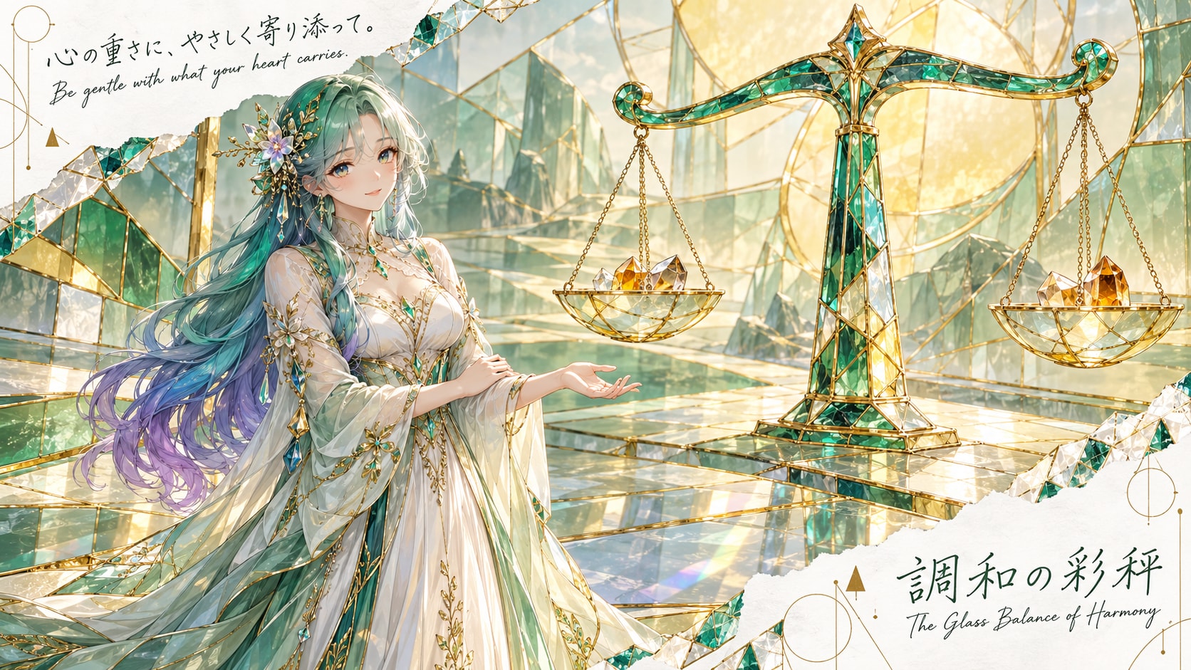 調和の彩秤 〜The Glass Balance of Harmony〜  Set within a breathtaking sanctuary of golden light and shimme | の人気AIイラスト・グラビア