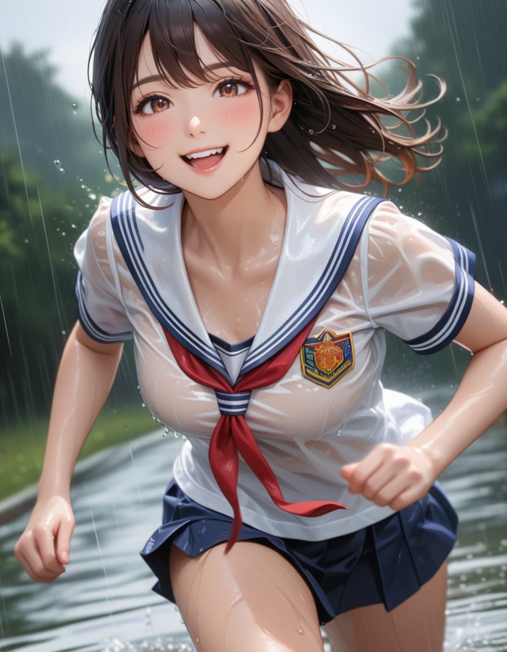 雨の中を走る少女