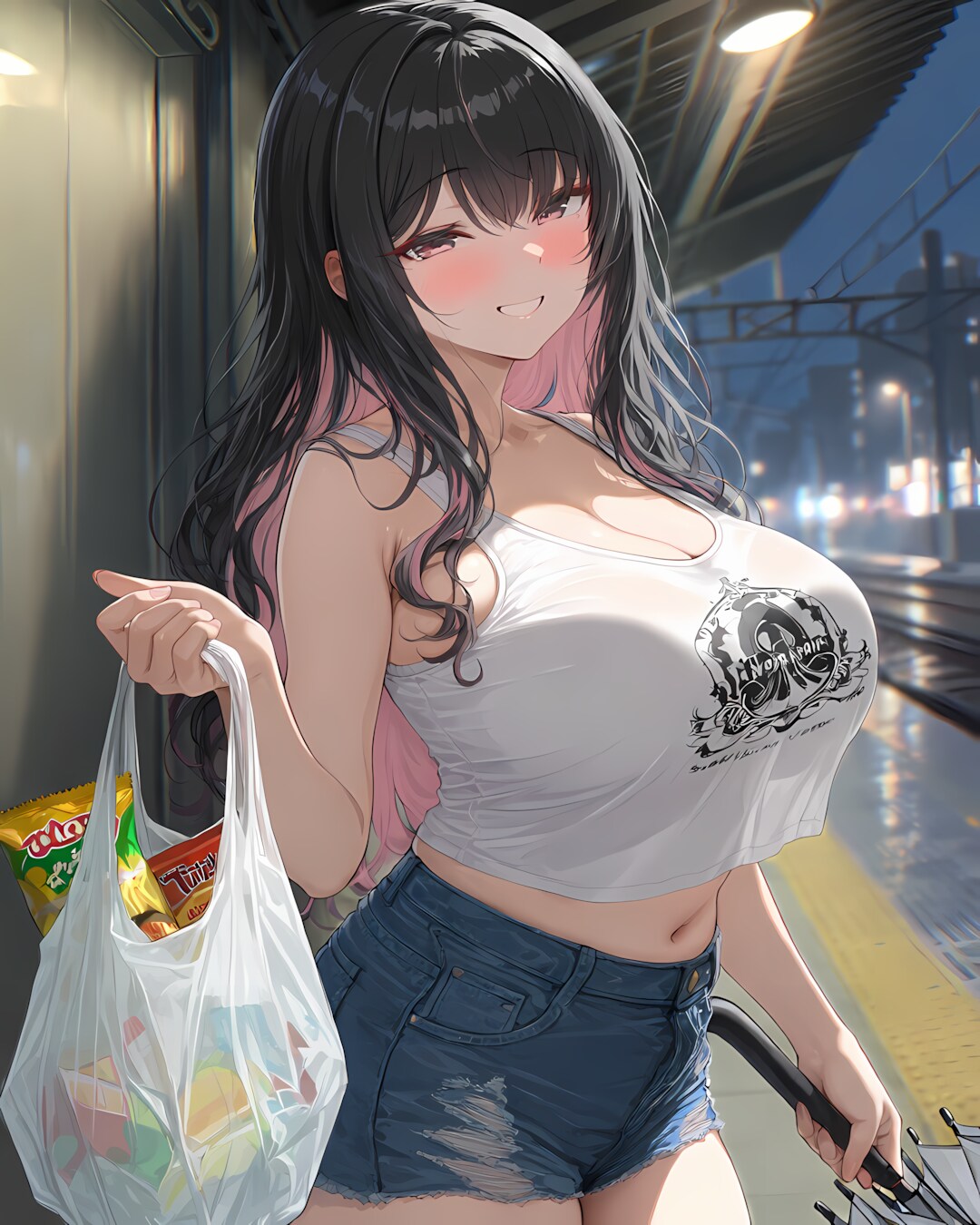 🛍️雨の夜の駅前買い出し！タンク×クラッシュデニショの強気ギャル🔥 | の人気AIイラスト・グラビア