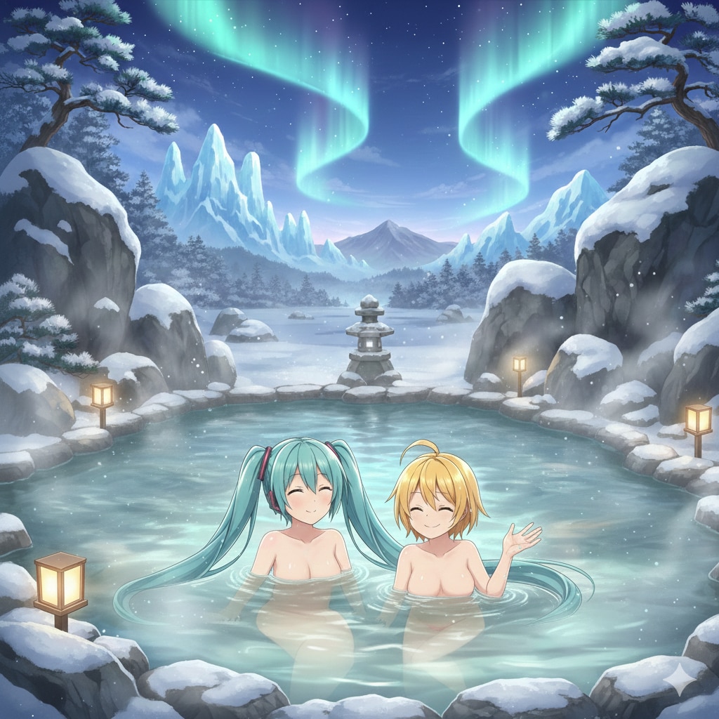 混浴の露天風呂に入ったミクさんとリンさん😊