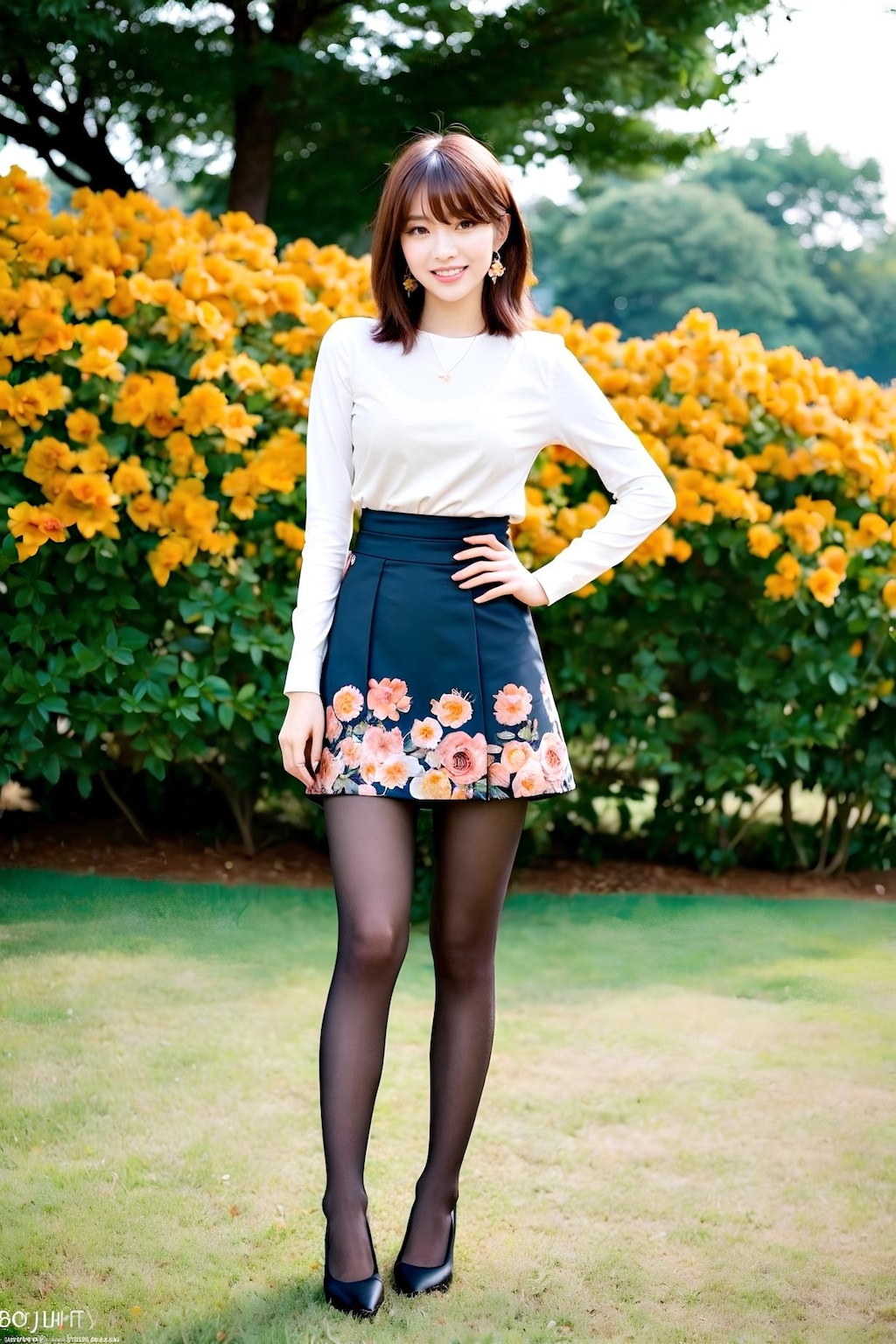 お花の似合う黒スト美脚の美人OL