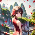 中国の桂林とチャイナドレスの少女 2枚目