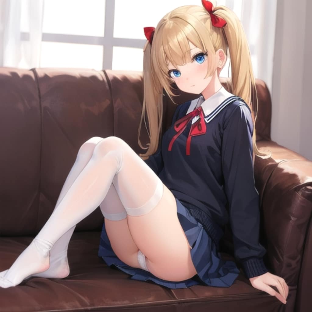白ニーソで脚投げ出すセーラー服金髪JK