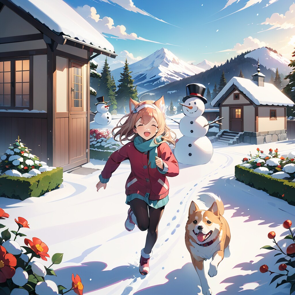 犬（耳少女）は喜び庭駆けまわり