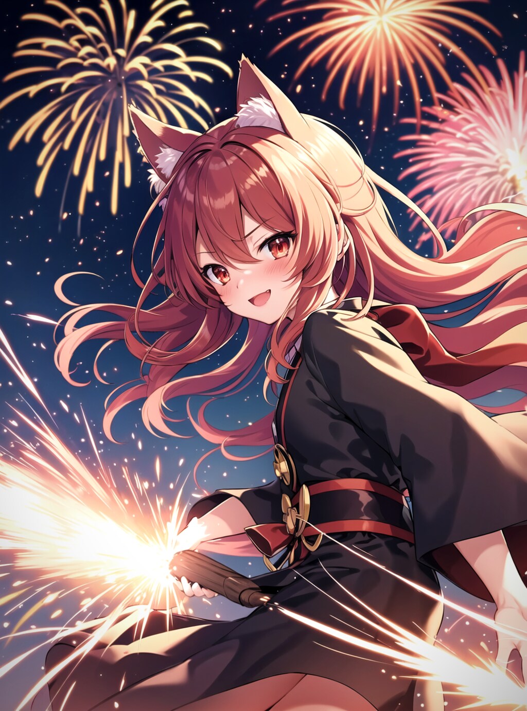 花火を楽しむ猫耳少女