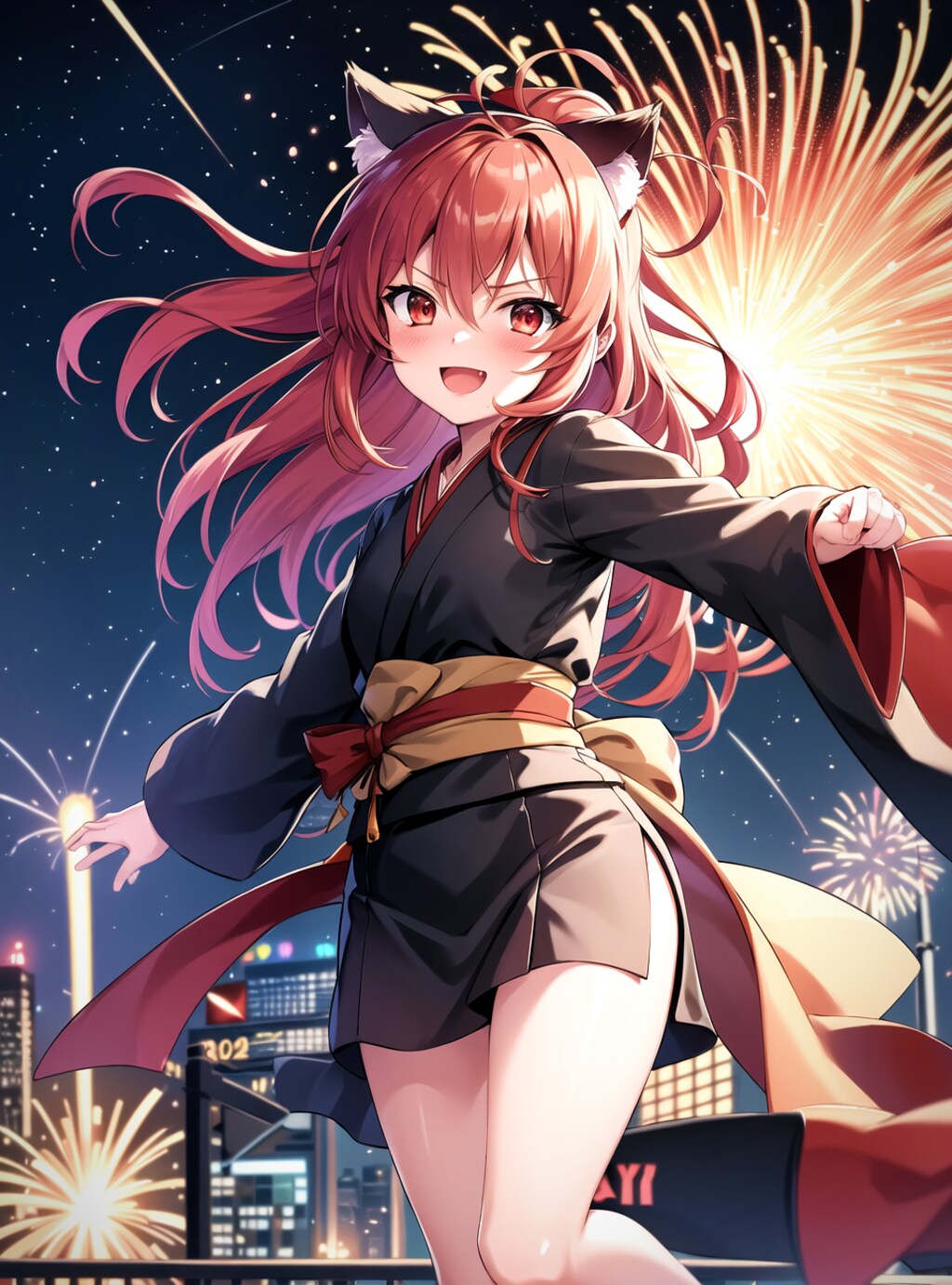 花火を楽しむ猫耳少女