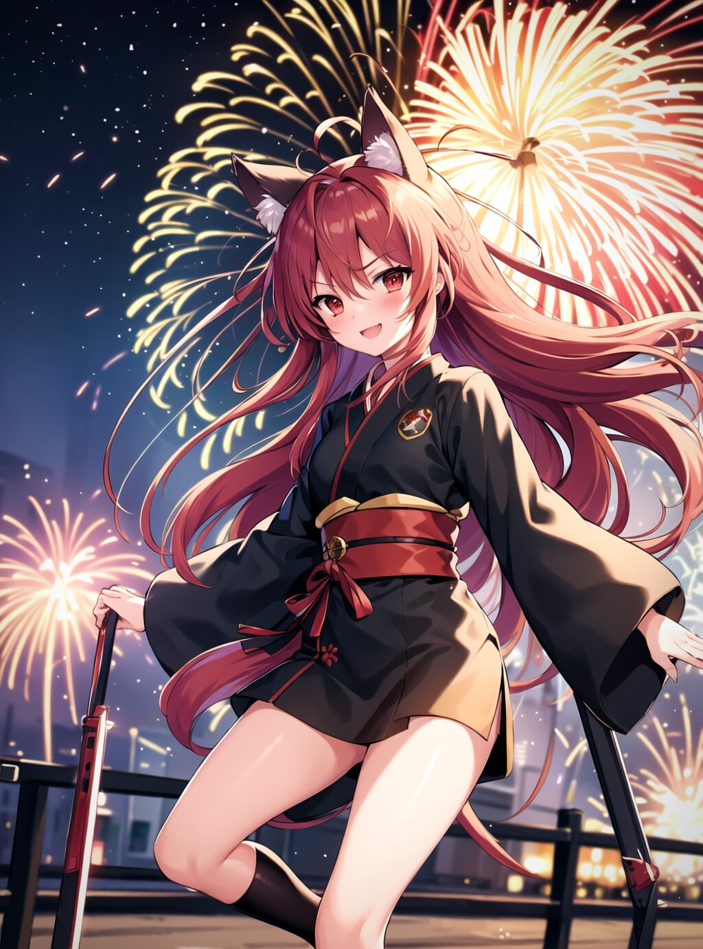 花火を楽しむ猫耳少女