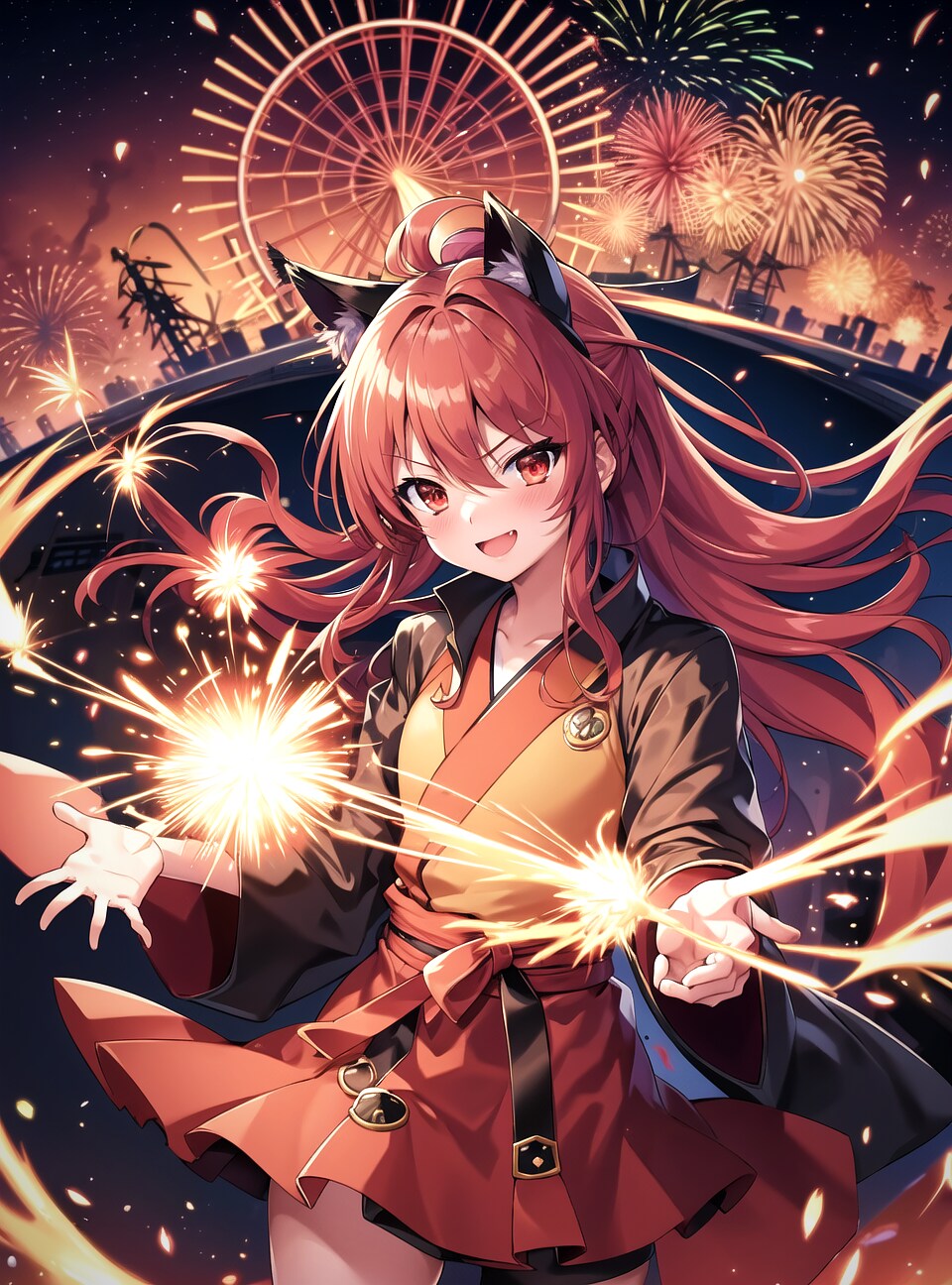 花火を楽しむ猫耳少女