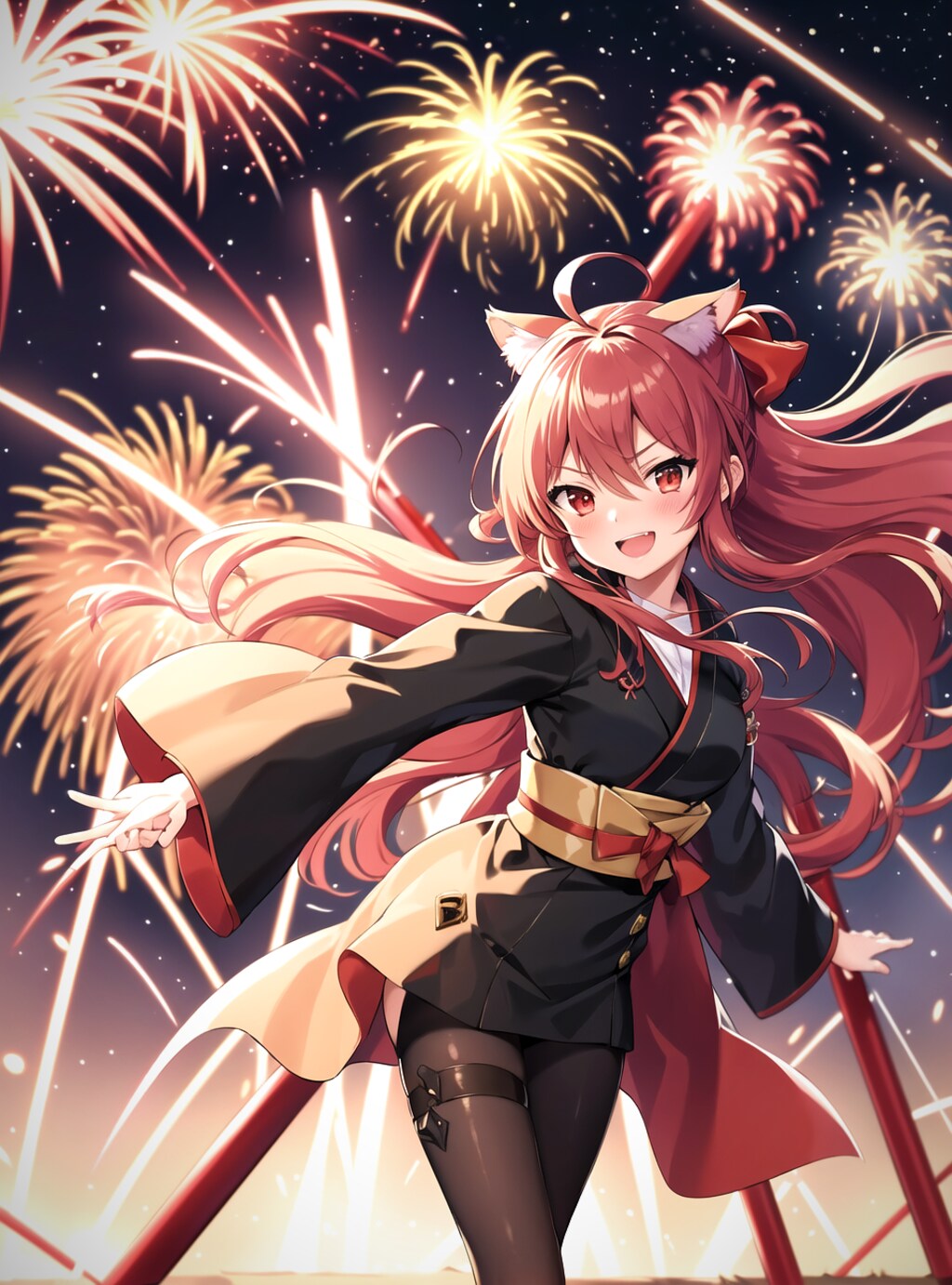 花火を楽しむ猫耳少女