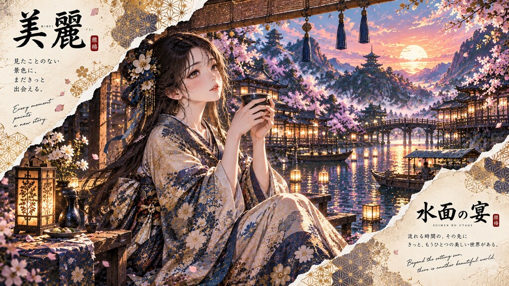 A quiet feast upon the water, lantern light and cherry blossoms drifting beneath a rising moon.  Eve