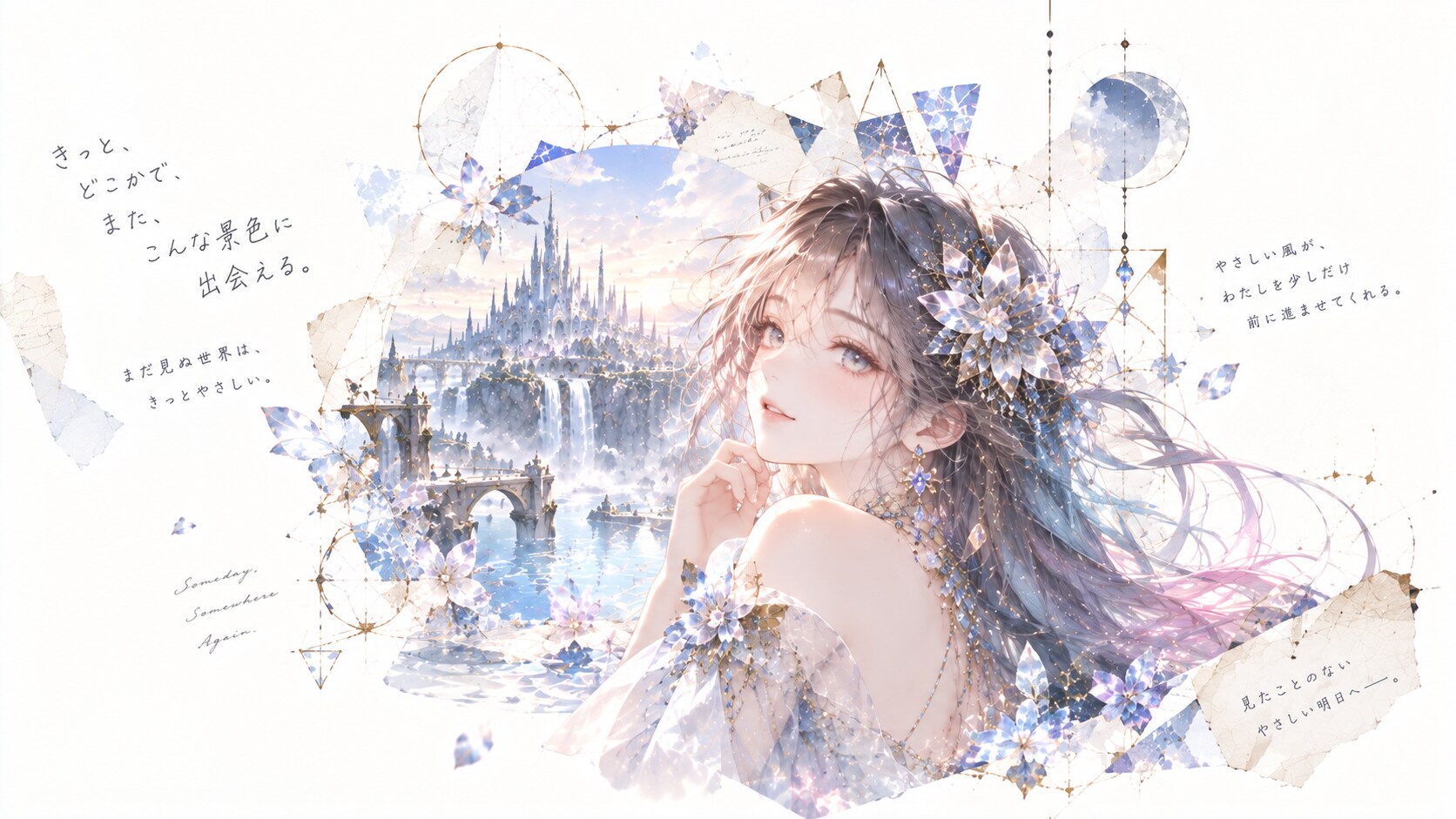 夢幻の空城を望む少女の祈り  水晶の花を髪に飾った少女は、遠くに浮かぶ天空の城を静かに見つめていた。優しい風がそっと背中を押すように、彼女の心に希望の欠片を運んでいく。見たことのない優しい明日へ、きっ | の人気AIイラスト・グラビア
