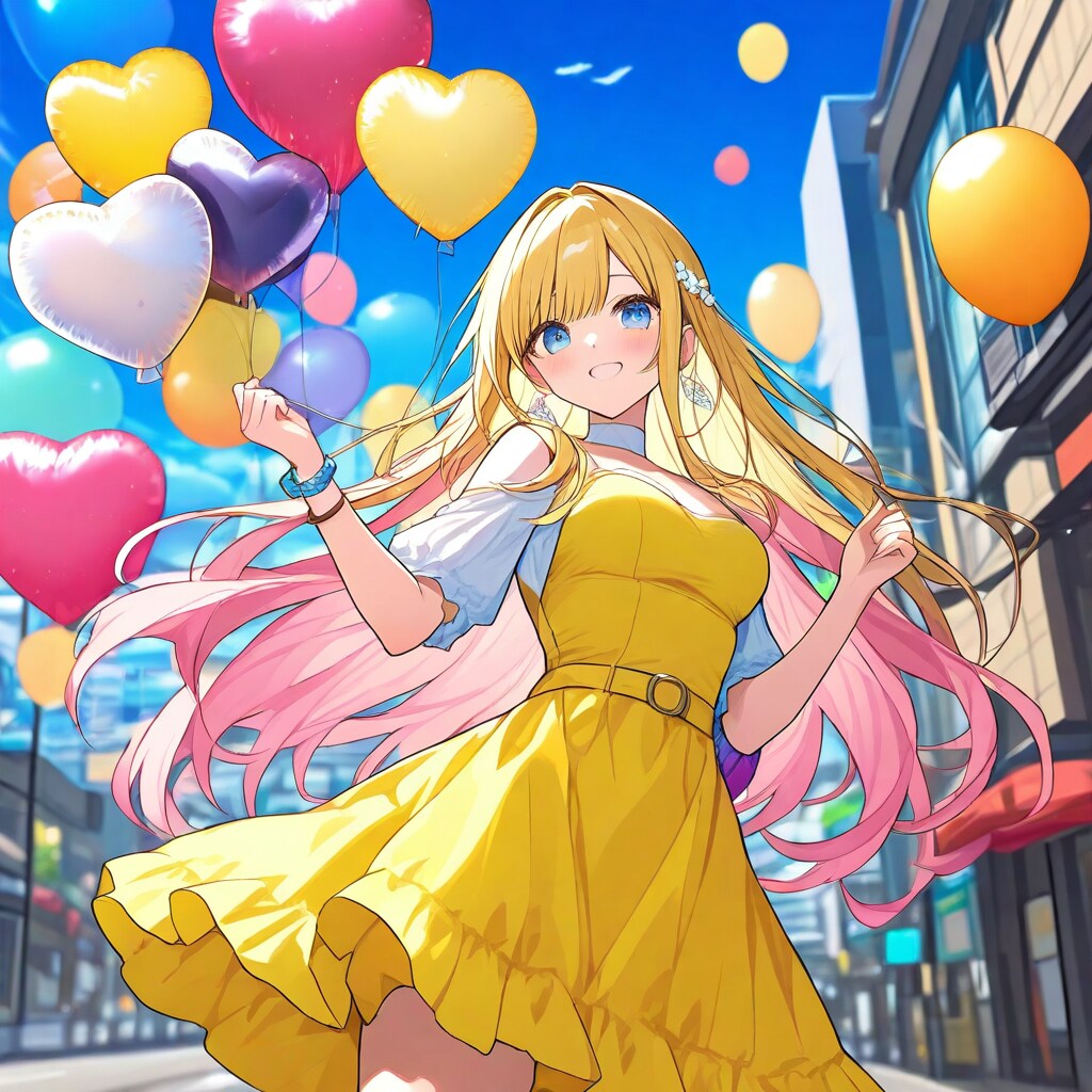 いっぱい風船を持つブロンドロングの美女。